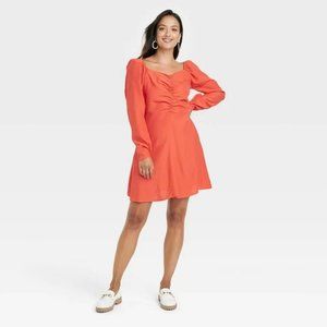 Women's Puff Long Sleeve Ruched Front Dress - A New Day Orange XS